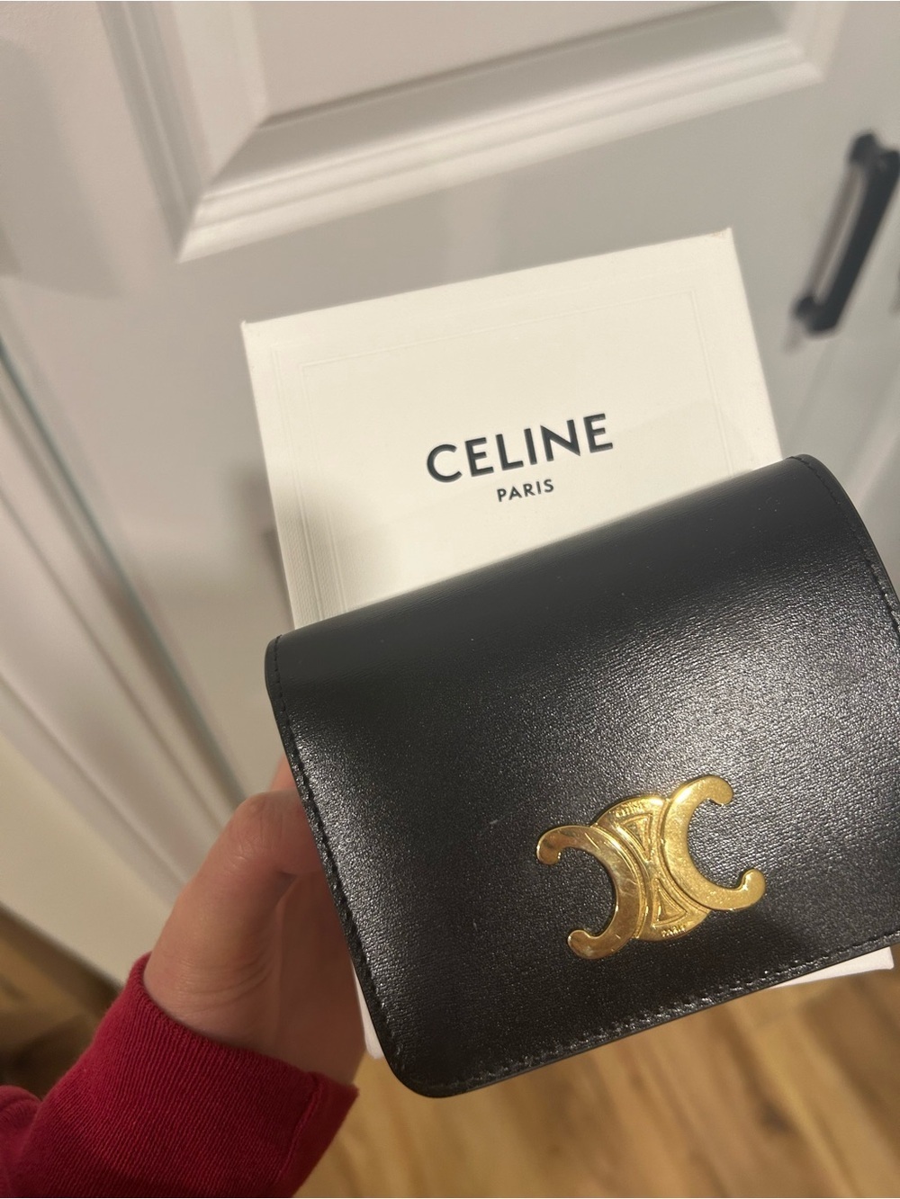 Celine Black Leather Card Holder with Gold Triomphe Emblem